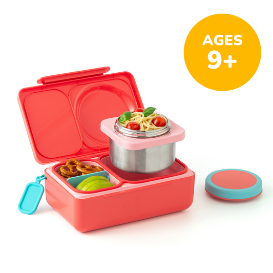 Red lunch box with compartments and a small container on a white background, labeled 'Ages 9+'.
