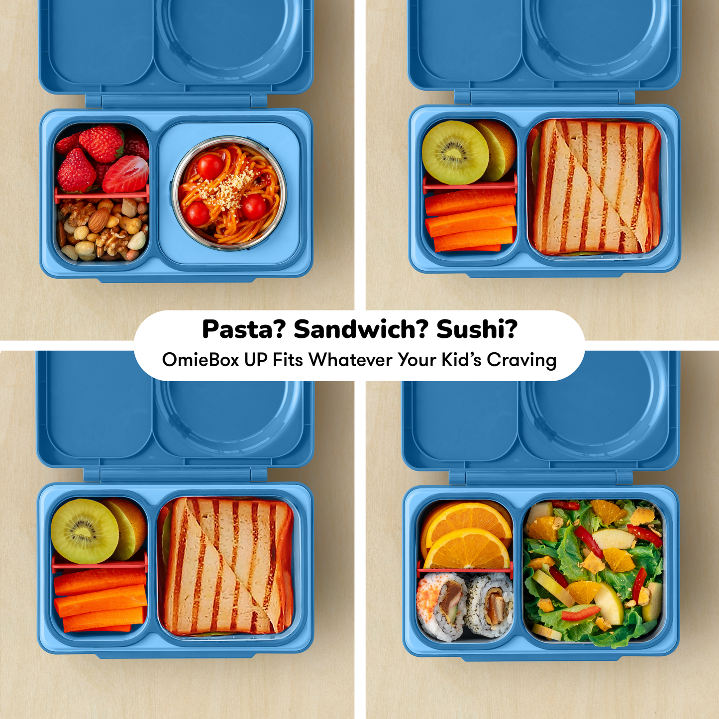 Blue OmieBox lunch box with various food compartments on a beige background