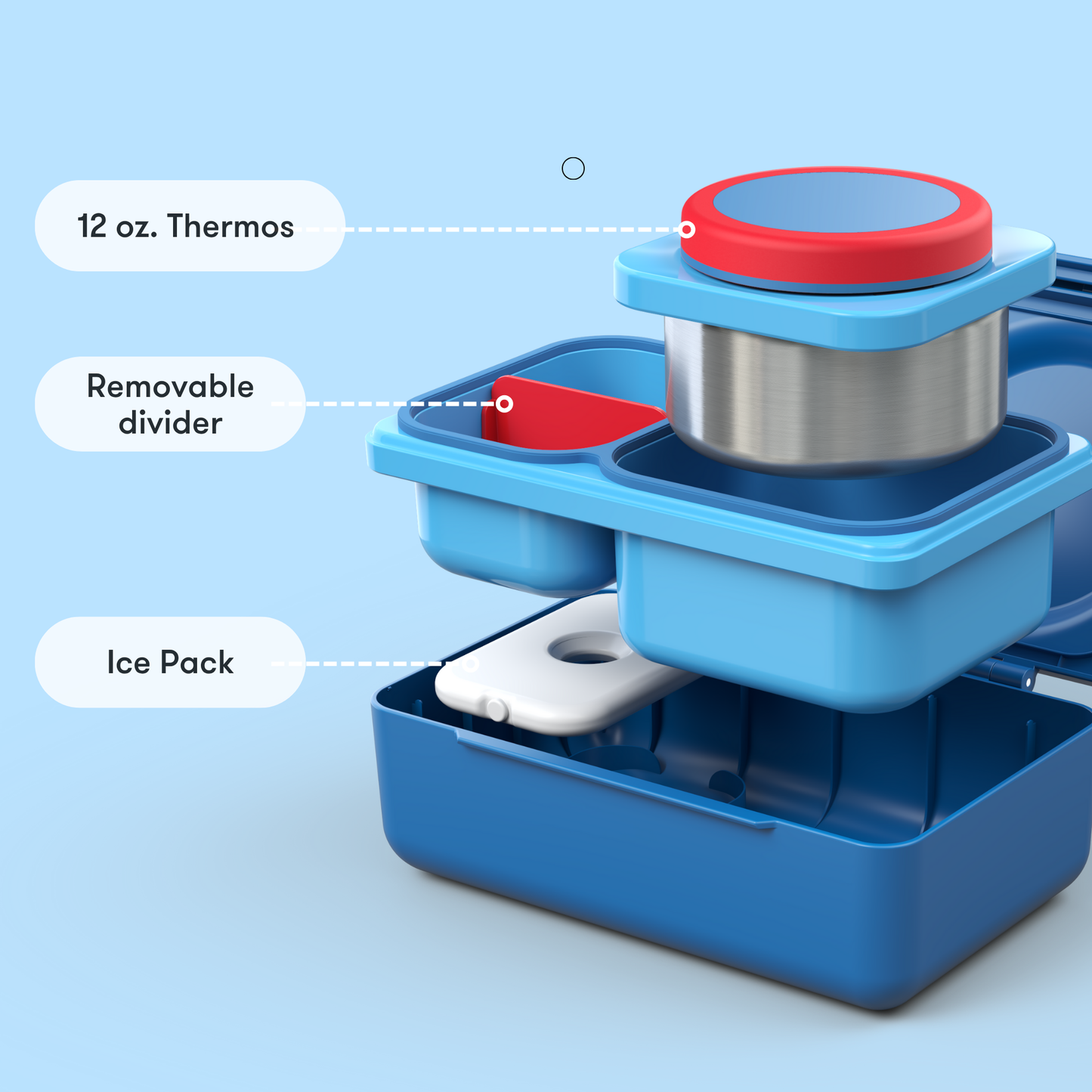 Blue food storage container with labeled components on a light blue background