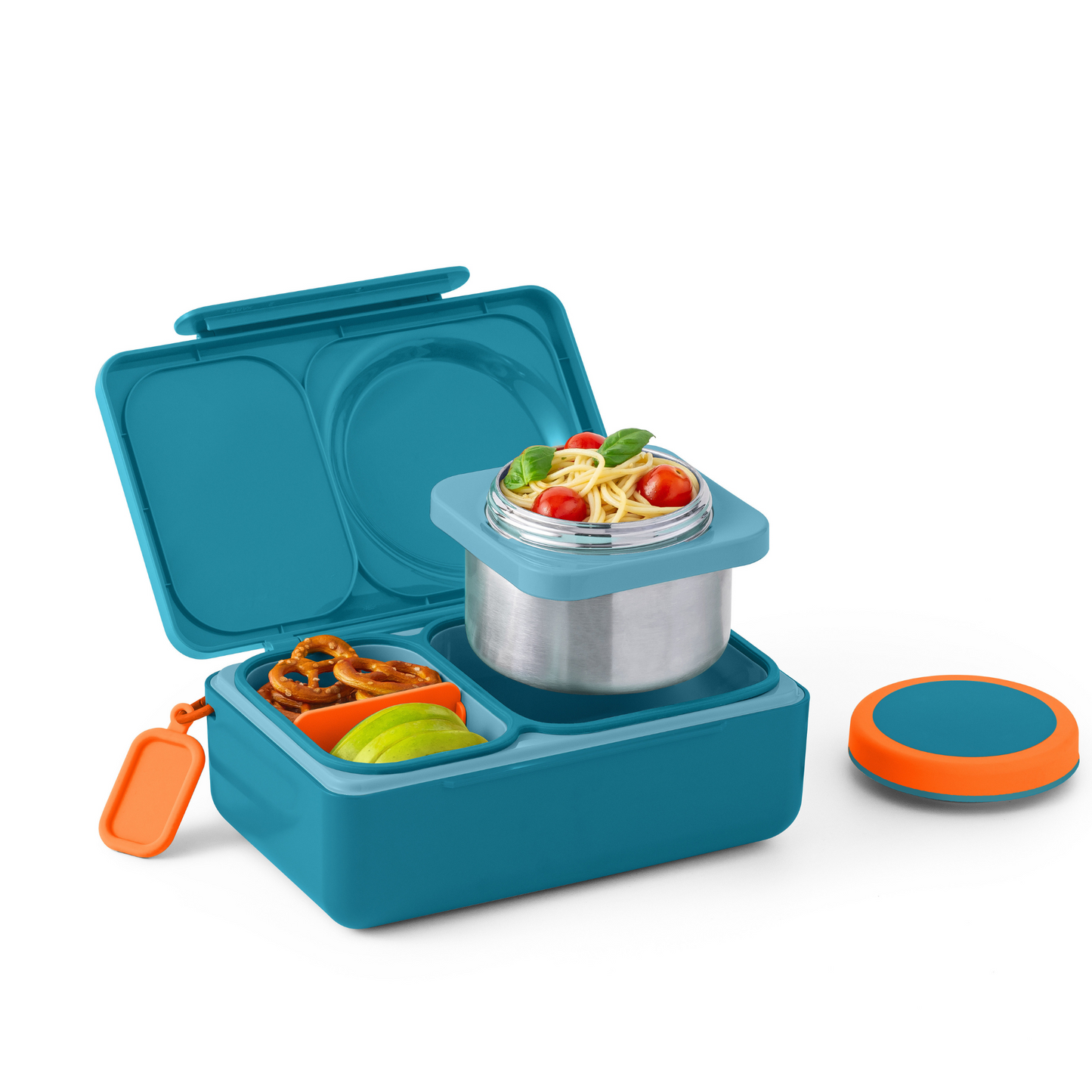 Blue bento box with food compartments on a white background