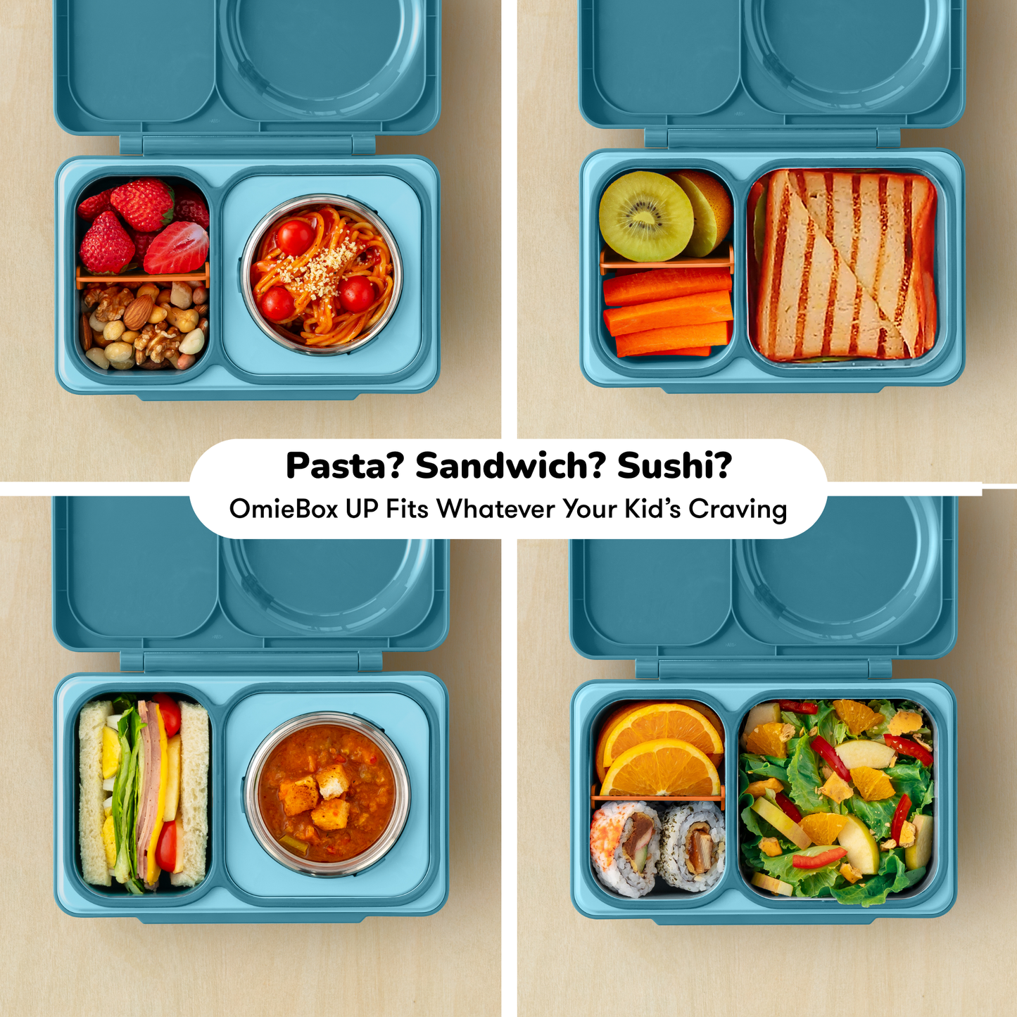 Blue OmieBox lunch container with various food compartments on a beige background