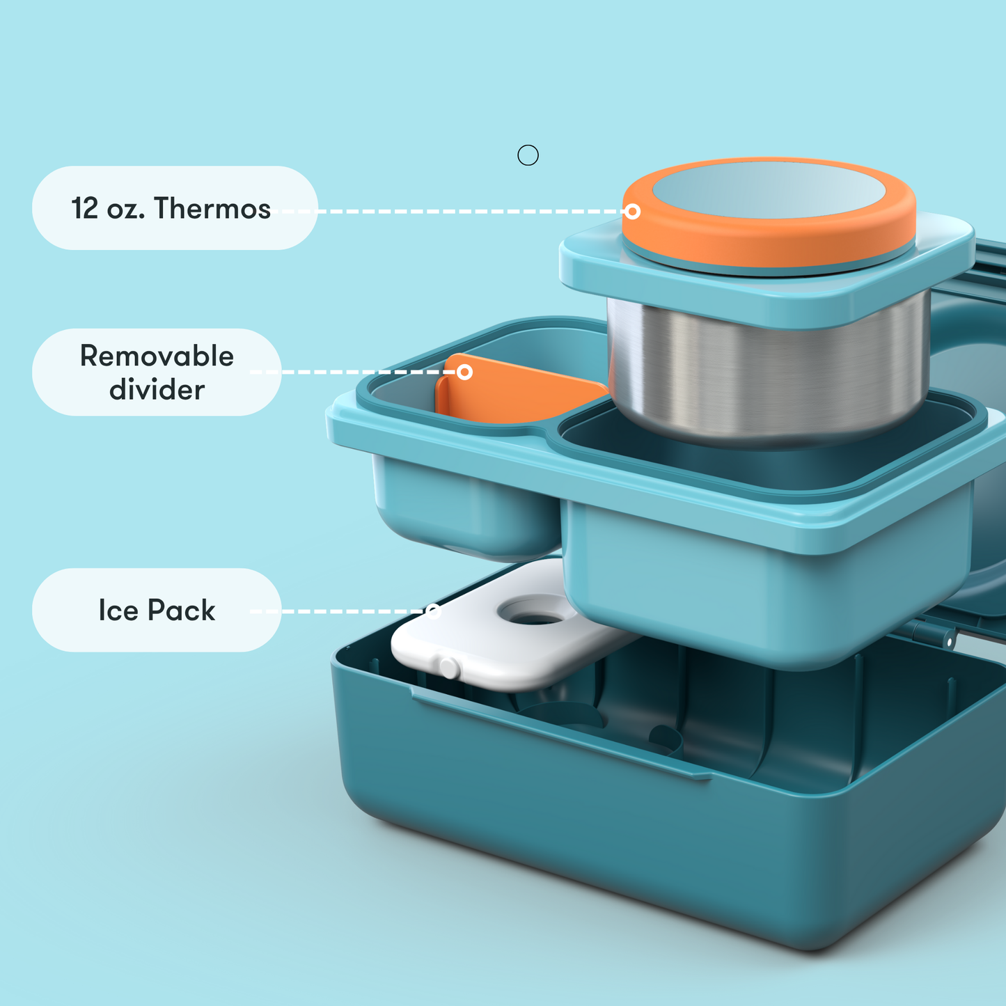 Teal lunch container with orange lid on a light blue background
