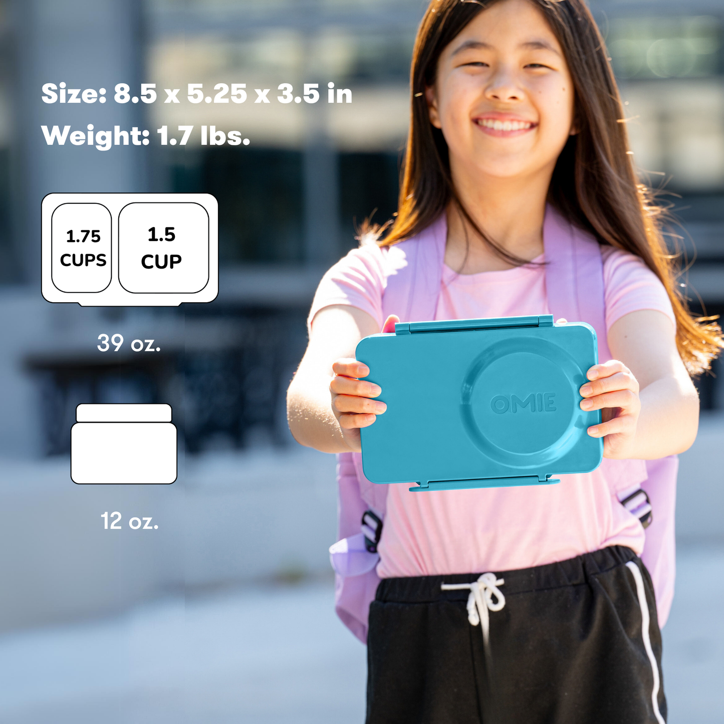 Person holding a blue container with product details on a blurred background