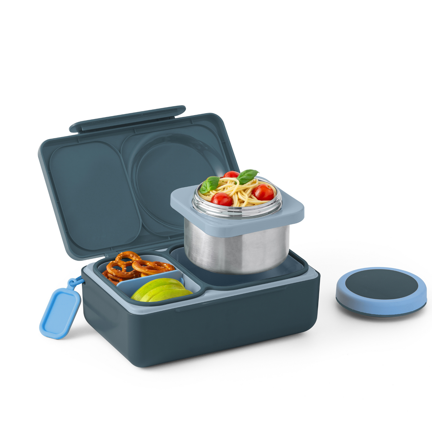 Blue lunch box with compartments containing food on a white background
