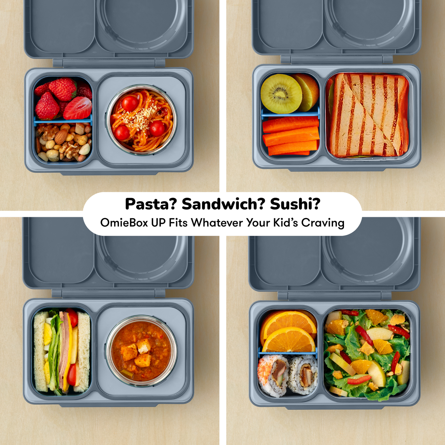 OmieBox UP bento box with various food compartments on a beige background