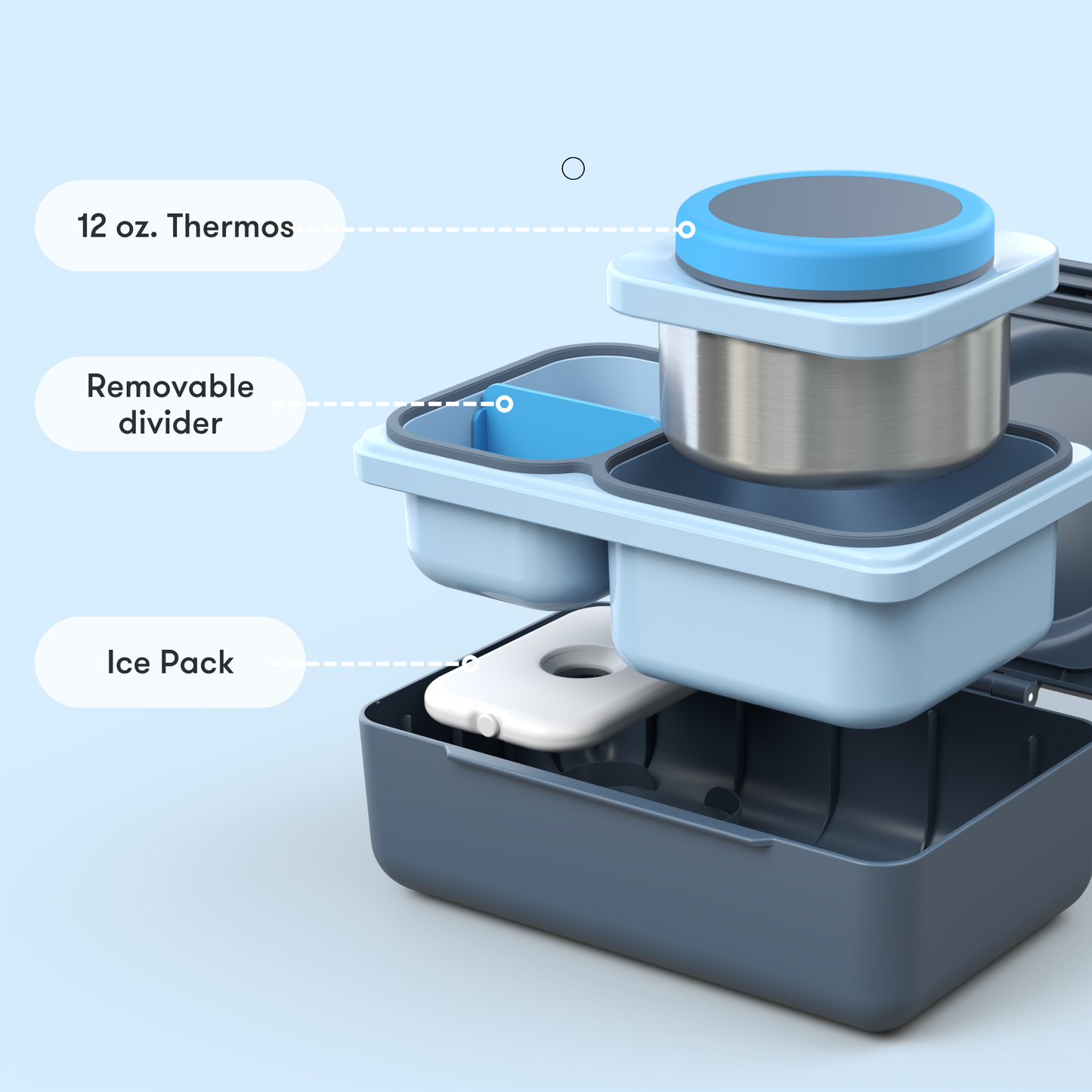 Stylized image of a 12 oz. thermos with a removable divider and ice pack on a light blue background.