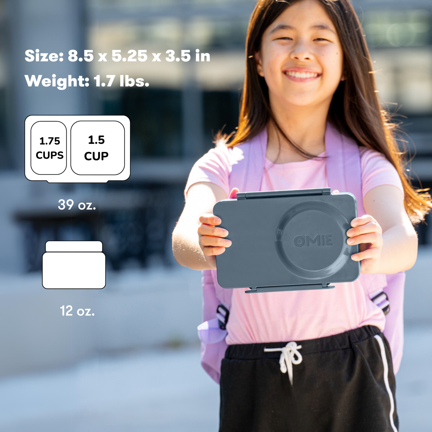 Child holding a gray container with product details displayed