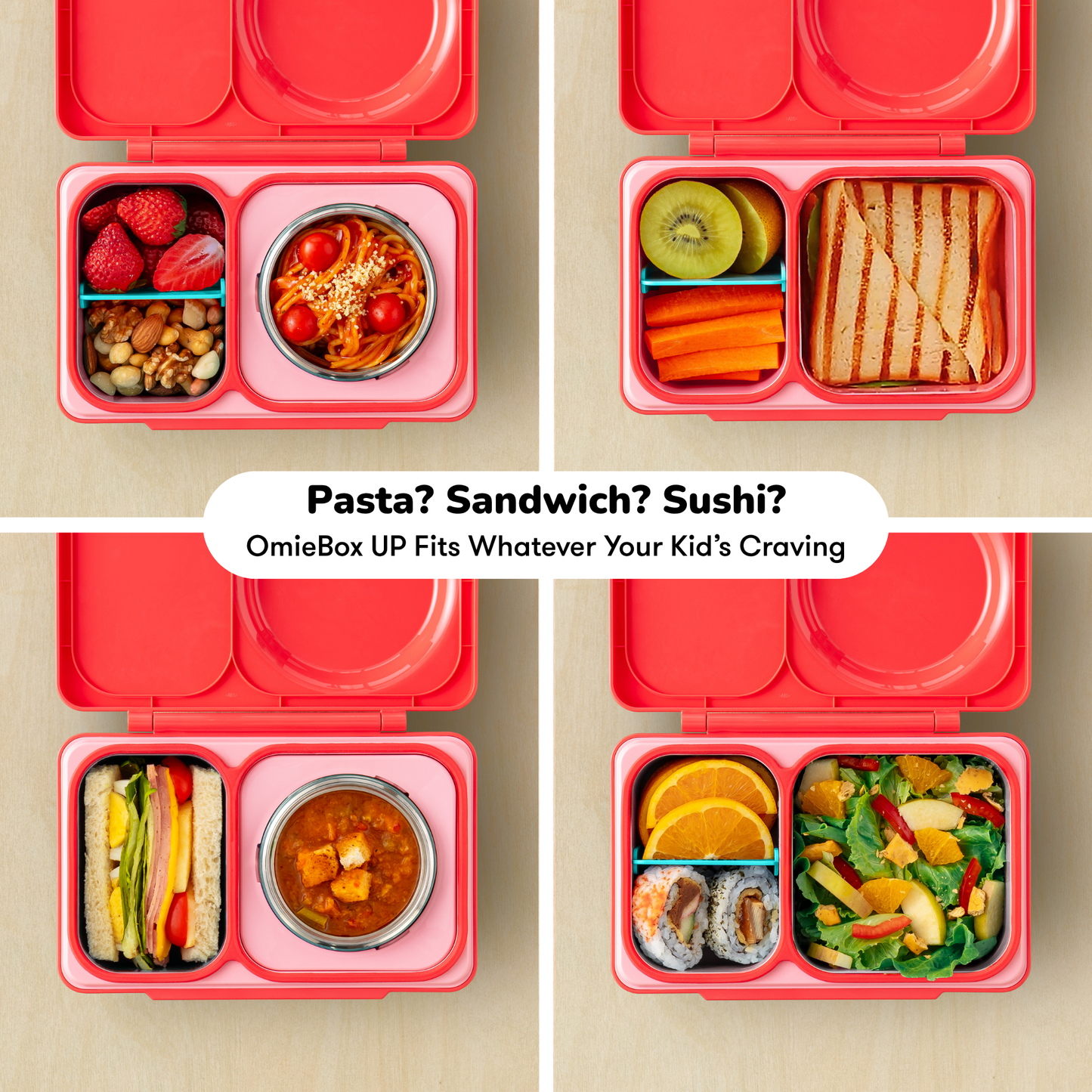 Collage of a pink OmieBox lunchbox with various food compartments on a beige background.