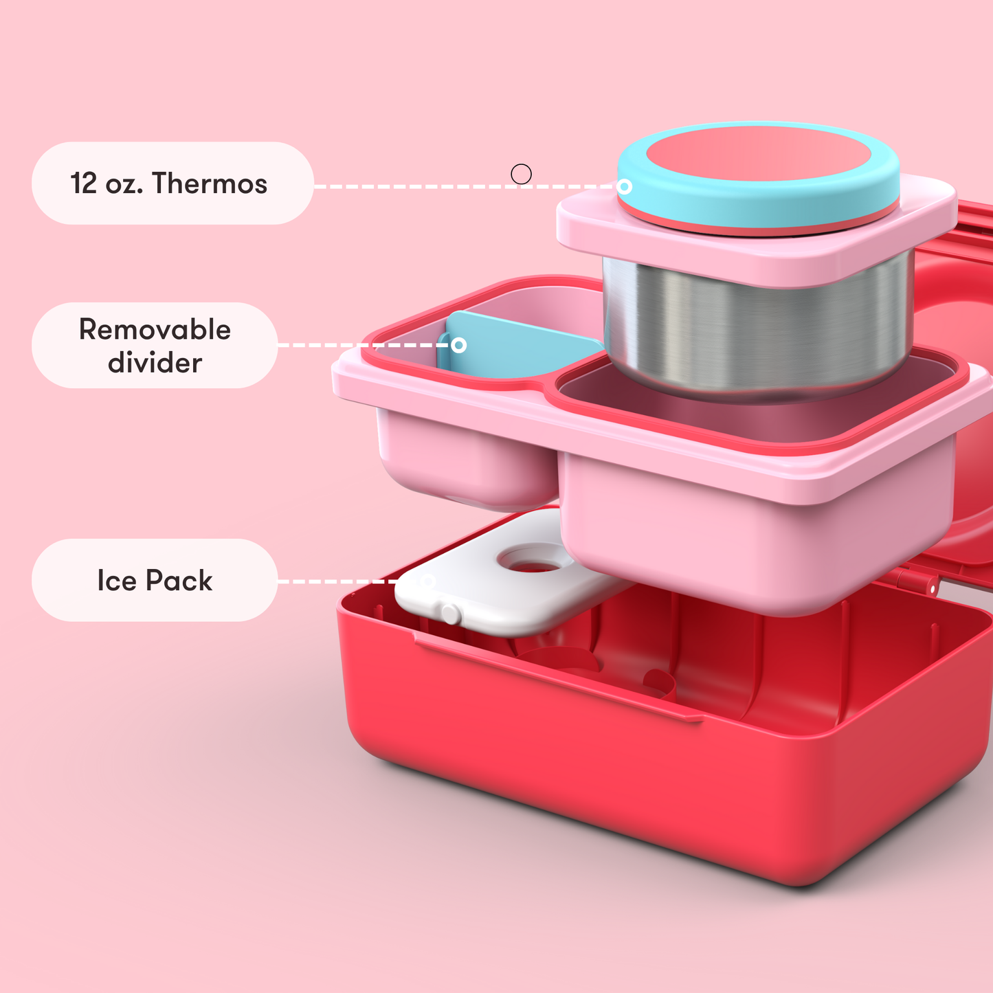 Pink and red food container with thermos, removable divider, and ice pack on a pink background