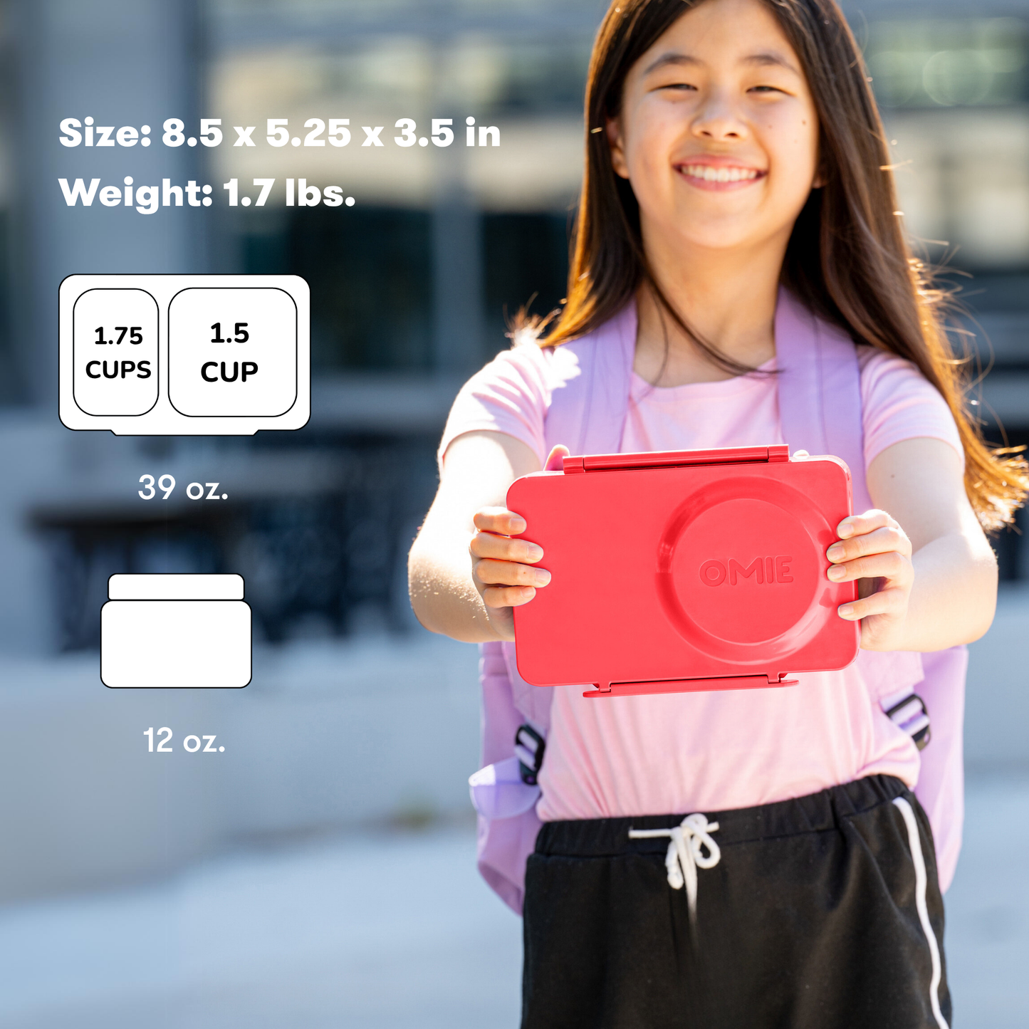 Person holding a red container with product details displayed