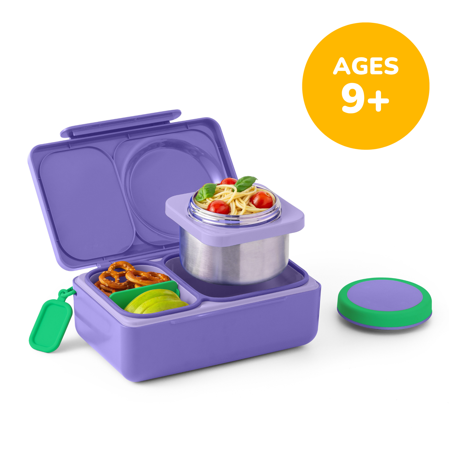 Purple lunch box with compartments and a small container on a white background, labeled 'Ages 9+'.