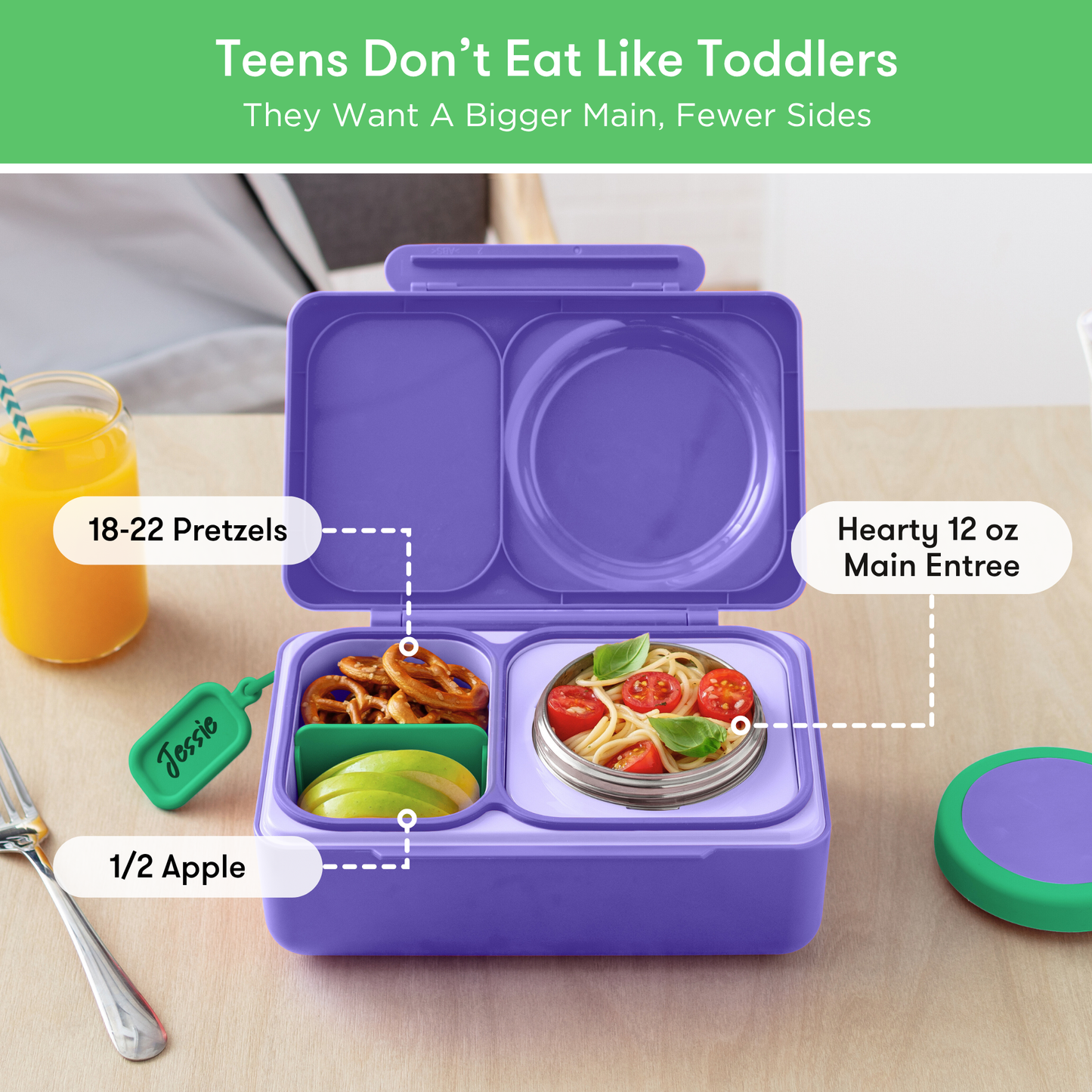 Purple bento box with compartments containing food items on a wooden table.