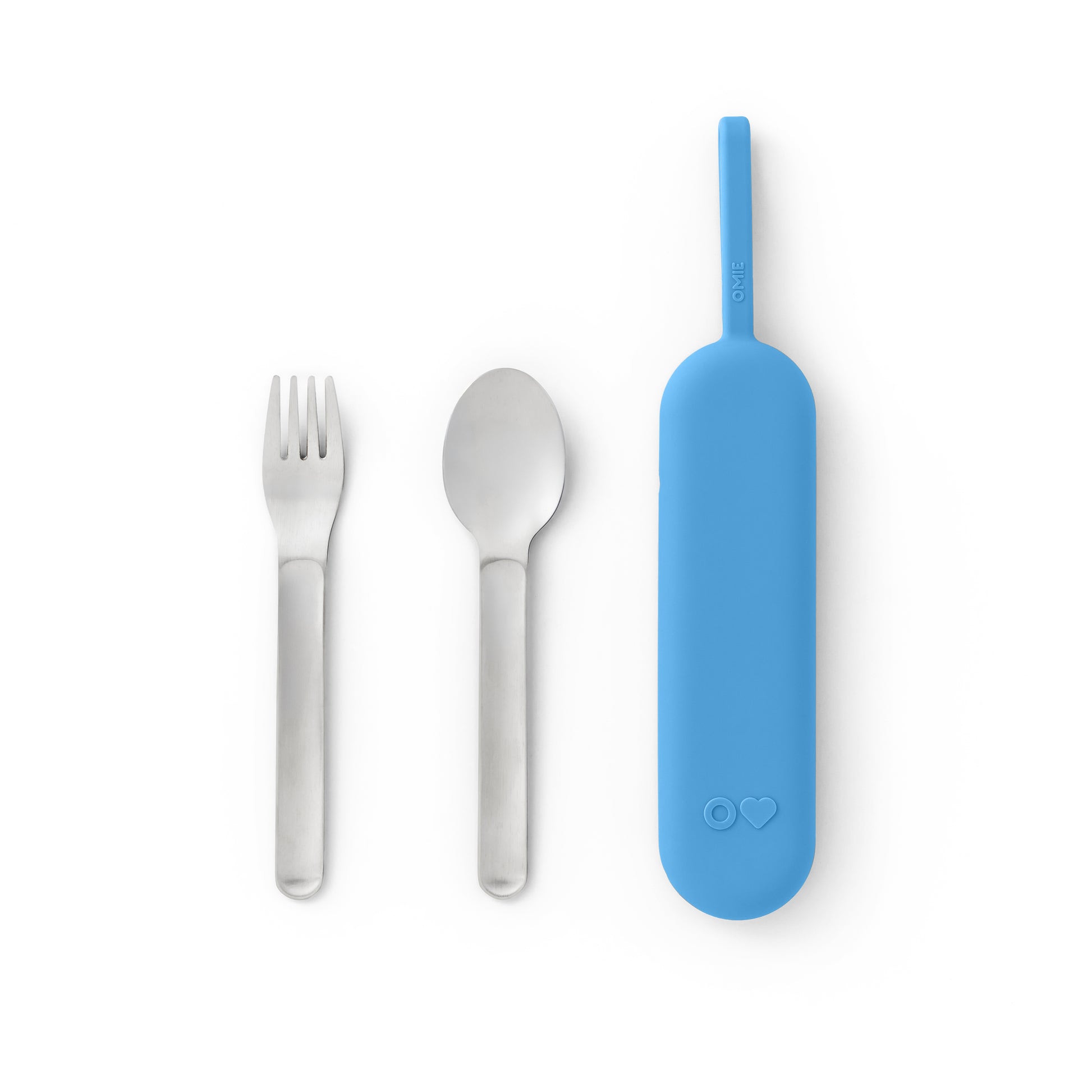 Set of silver fork and spoon with a blue carrying case on a white background