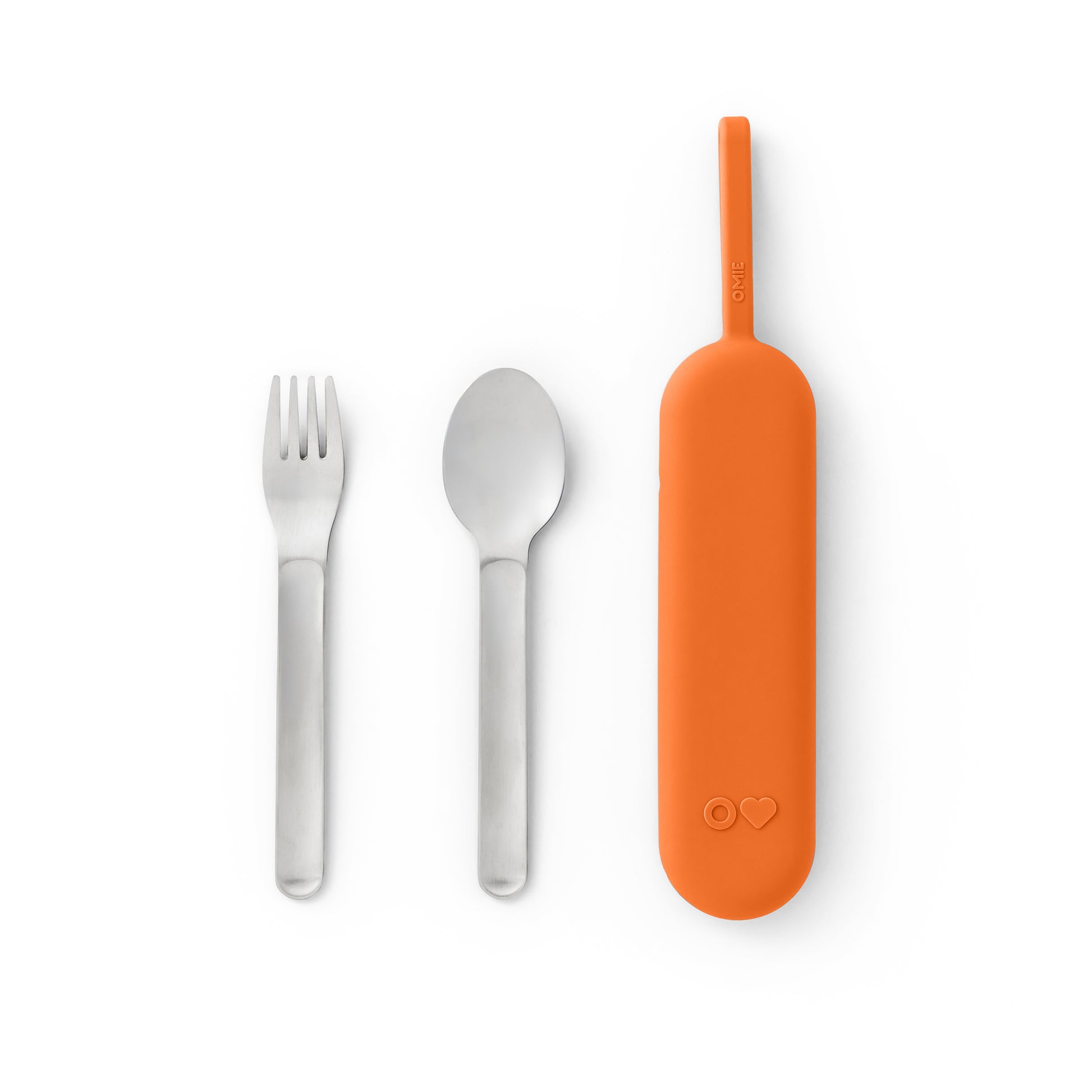 Set of silver cutlery with an orange carrying case on a white background