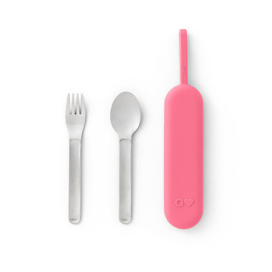 Set of silver cutlery with a pink carrying case on a white background
