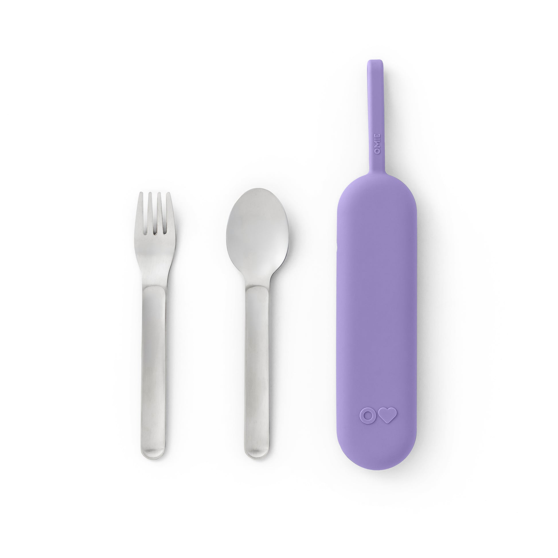 Set of silver cutlery with a purple case on a white background