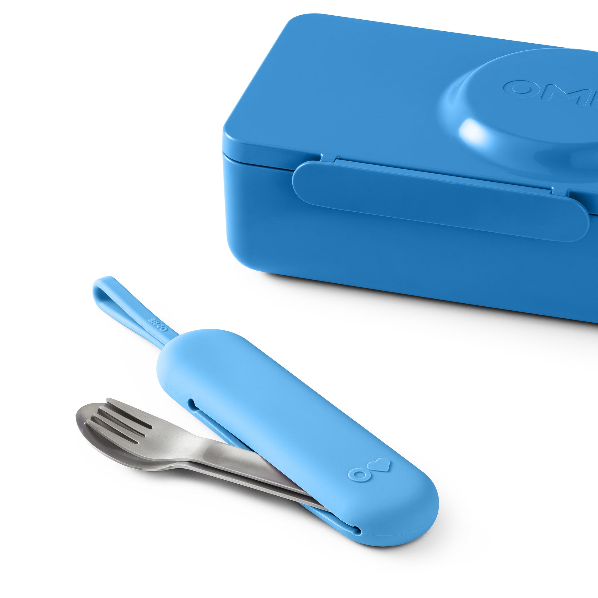 Blue portable fork and knife set with case on a white background