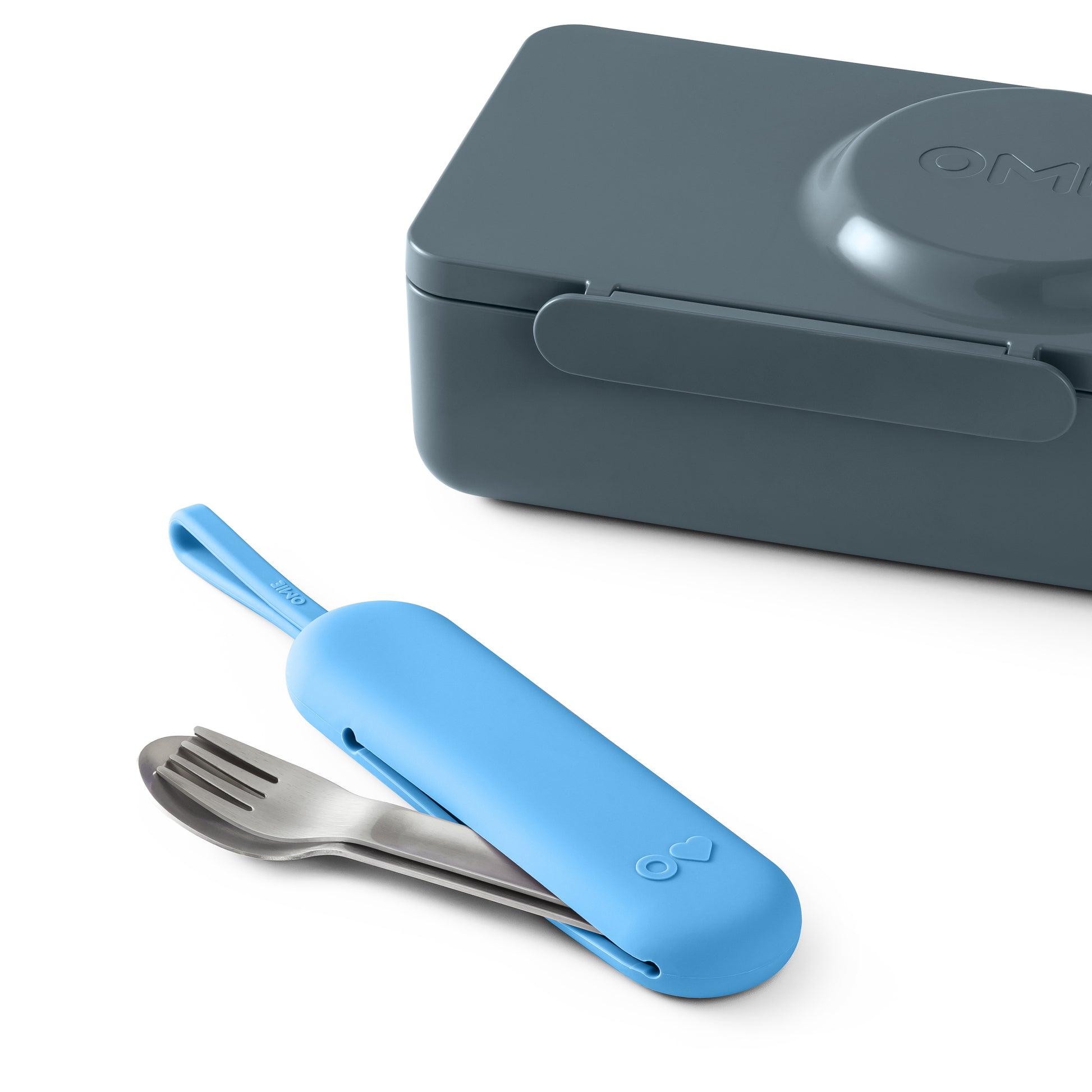 Blue fork and spoon set with carrying case on a white background
