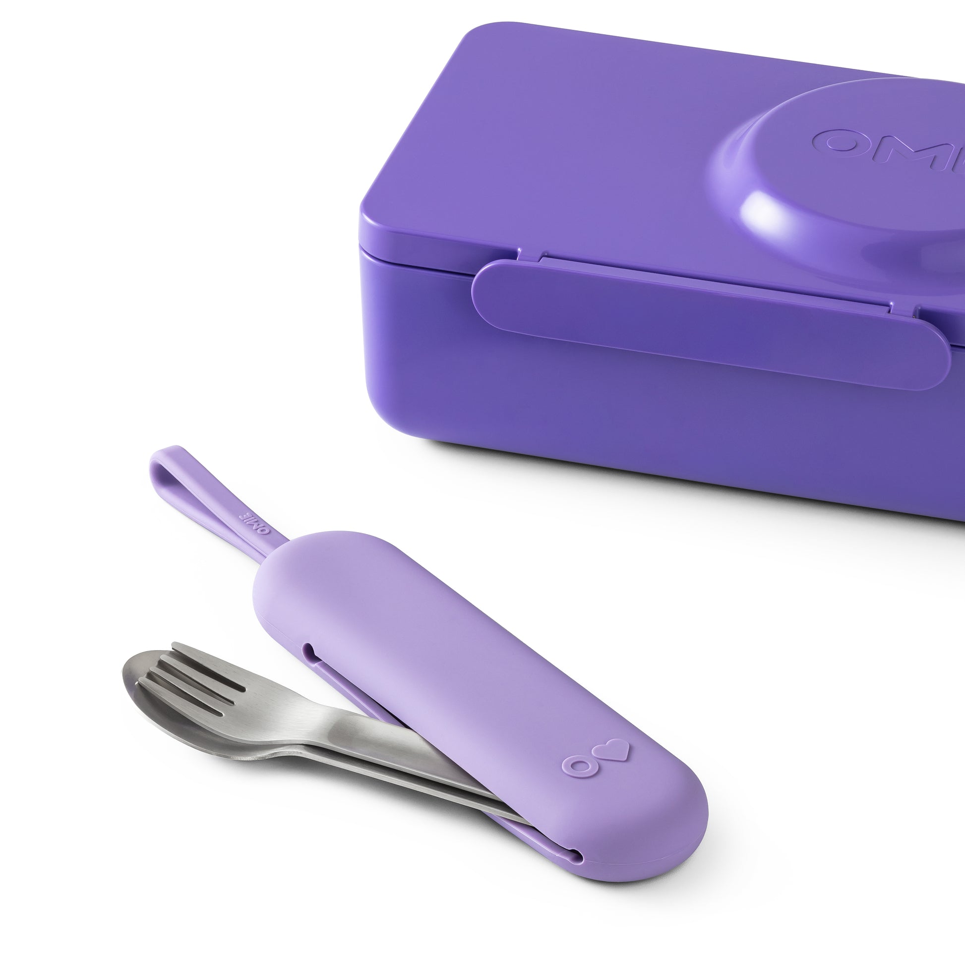 Purple travel cutlery set with case on a white background