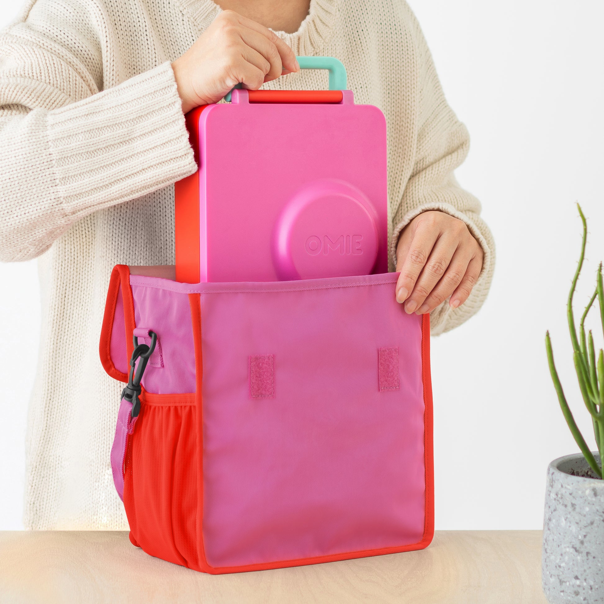 Person holding a pink and red bag with a plant in the background