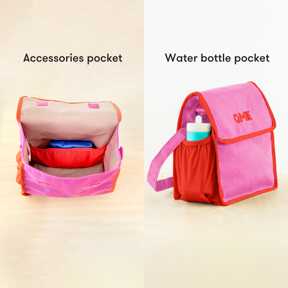 Backpack with accessories pocket and water bottle pocket on a beige background