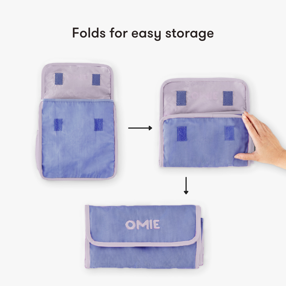 Blue and gray pouch folding for easy storage with 'OMIE' branding.