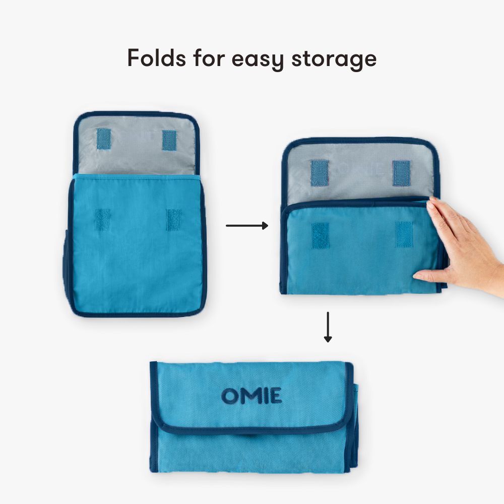 Blue pouch being folded for easy storage with 'OMIE' branding.