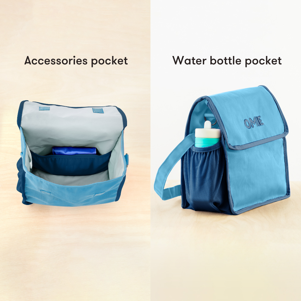 Blue backpack showing accessories pocket and water bottle pocket on a beige background