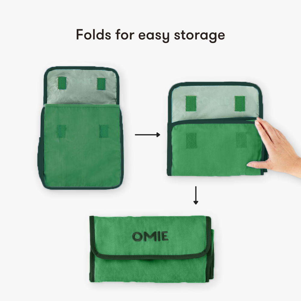 Green OMIE product folding for easy storage on a white background