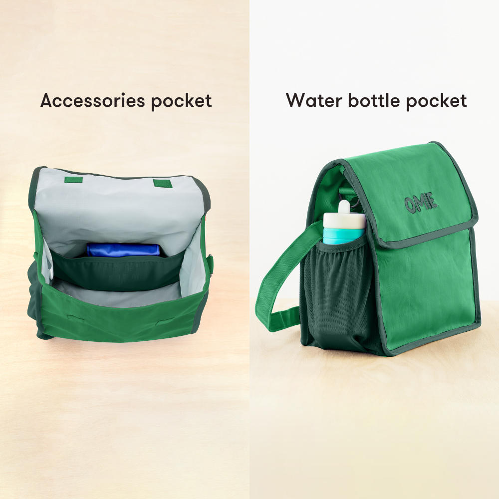 Green backpack with labeled accessory and water bottle pockets on a beige background