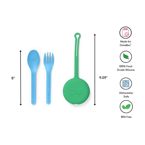 Blue spoon and fork with green carrying case on a white background, featuring dimensions and material information.