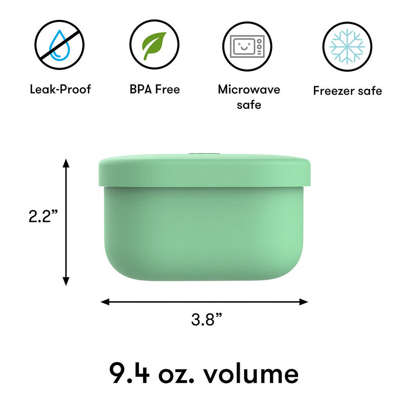 Green container with safety and feature icons on a white background