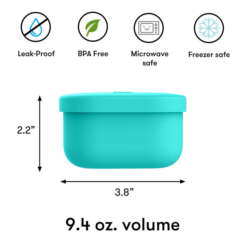 Teal container with safety features and dimensions on a white background