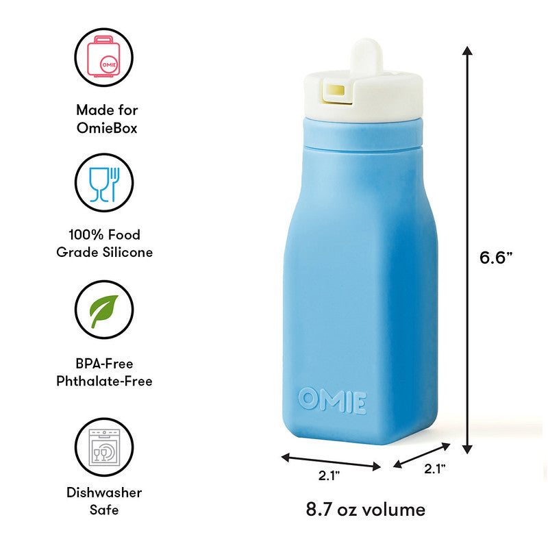Blue silicone water bottle with measurements and features on a white background