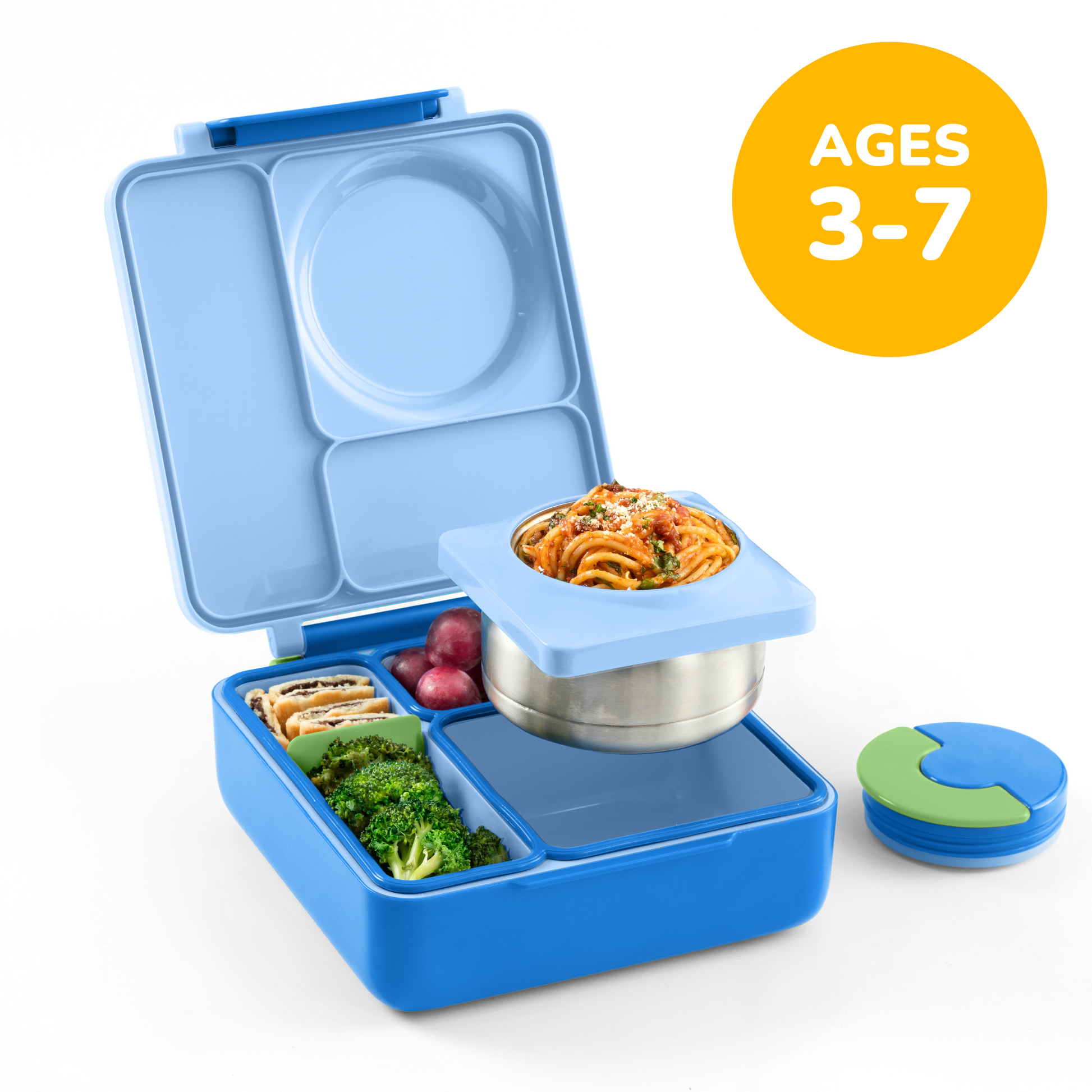 Blue children's lunch box with compartments filled with food, on a white background.