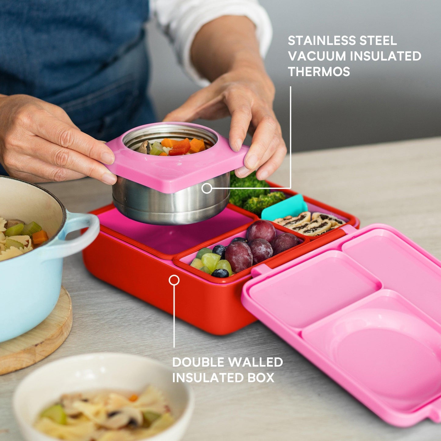 OmieBox - Pink Berry - Bento Box for Kids Insulated Bento Lunch Box with Leak Proof Thermos Food Jar