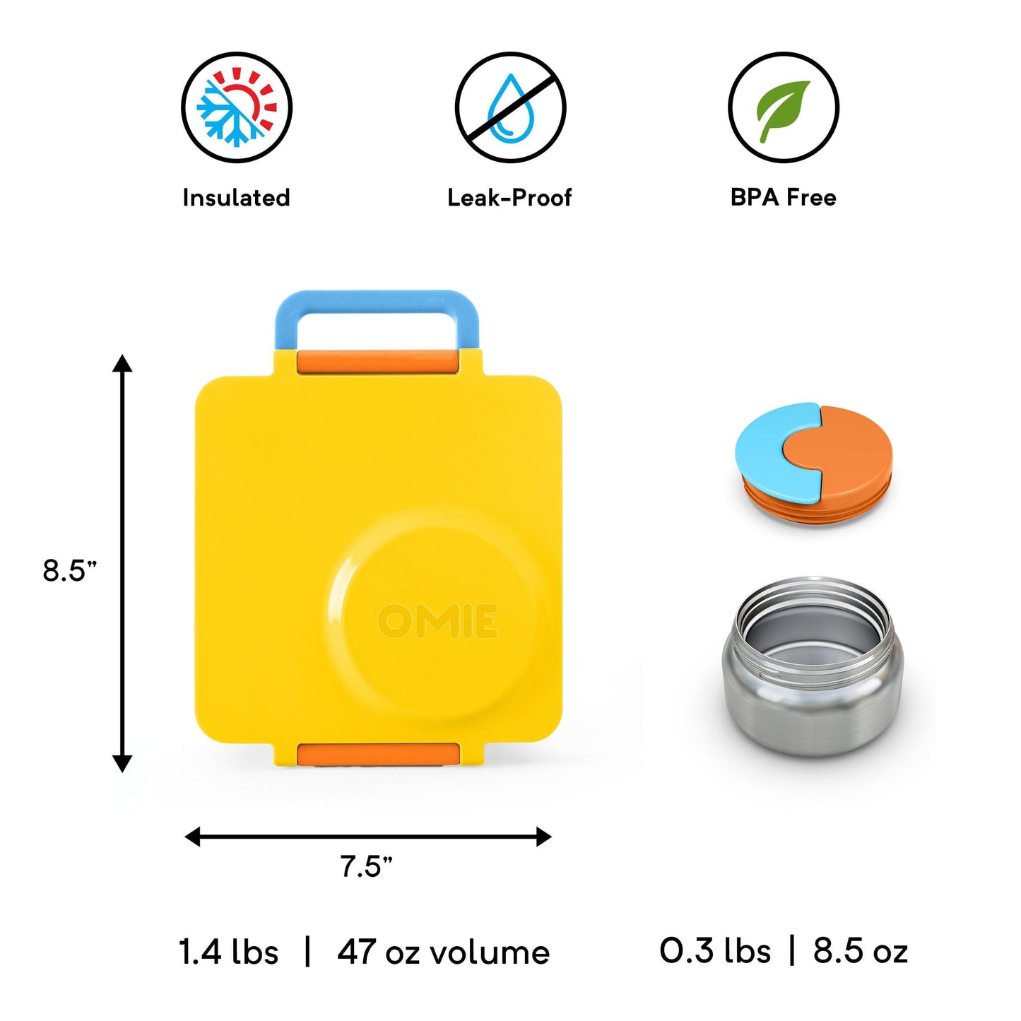 OmieBox - Yellow Sunshine - Bento Box for Kids Insulated Bento Lunch Box with Leak Proof Thermos Food Jar