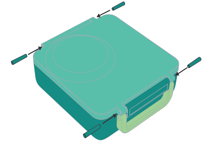 An illustration of a blue square-shaped device with a handle, showing a latch and hinge mechanism.