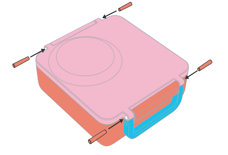 An illustration of a blue square-shaped device with a handle, showing a latch and hinge mechanism.