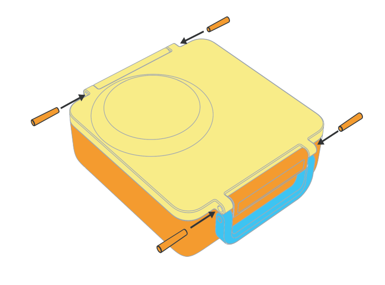 An illustration of a blue square-shaped device with a handle, showing a latch and hinge mechanism.