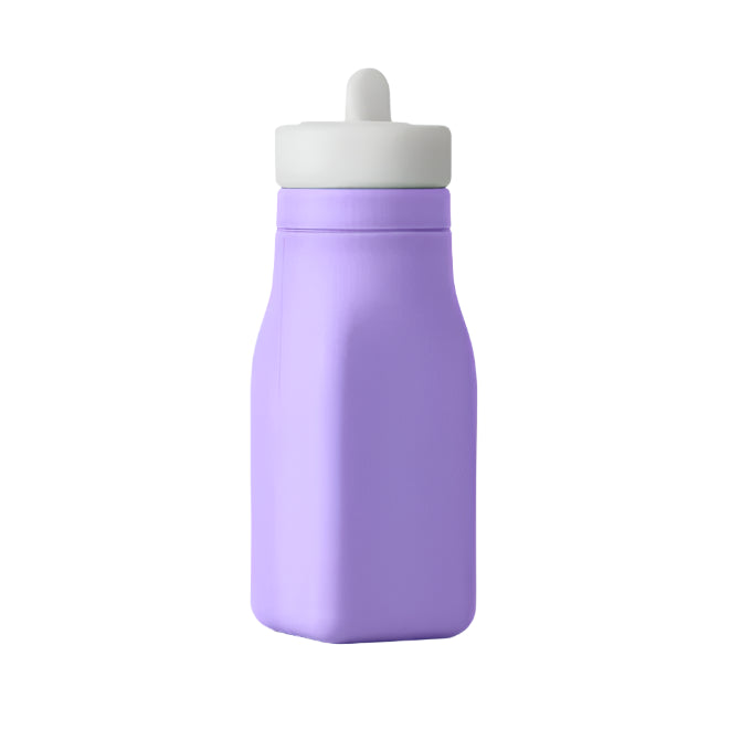 Purple water bottle with a white cap on a white background