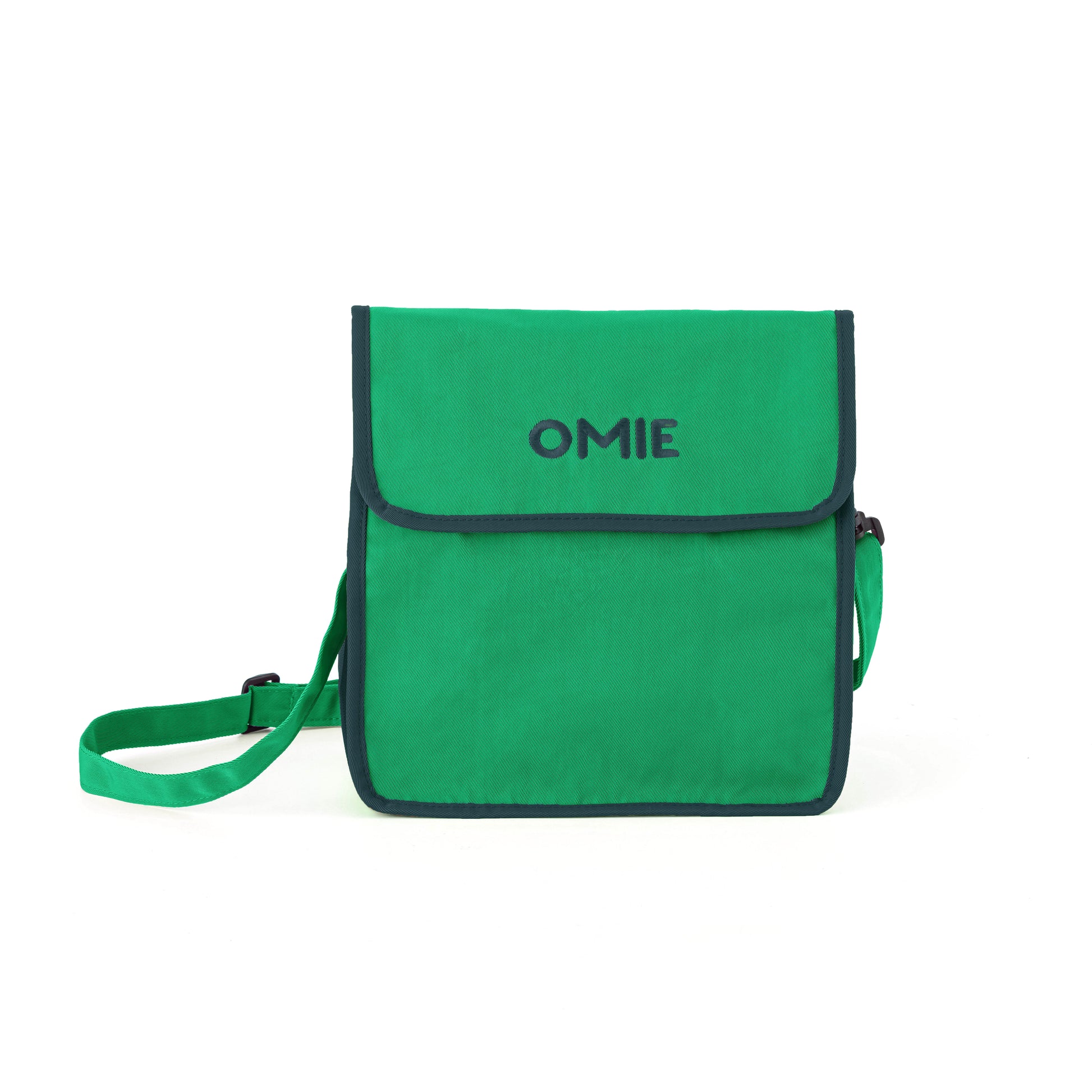 Green bag with 'OMIE' branding on a white background