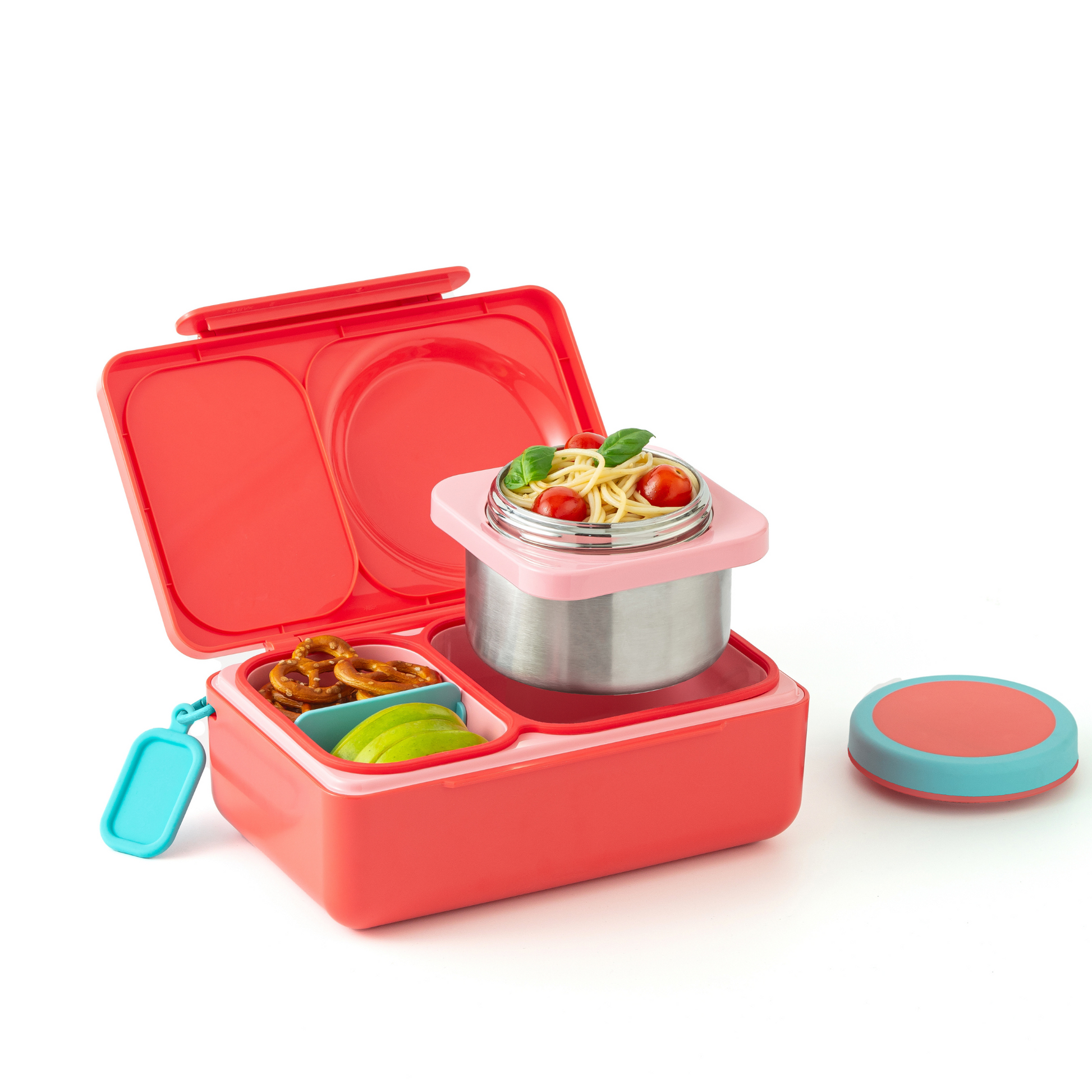 Red lunch box with compartments and a small container on a white background
