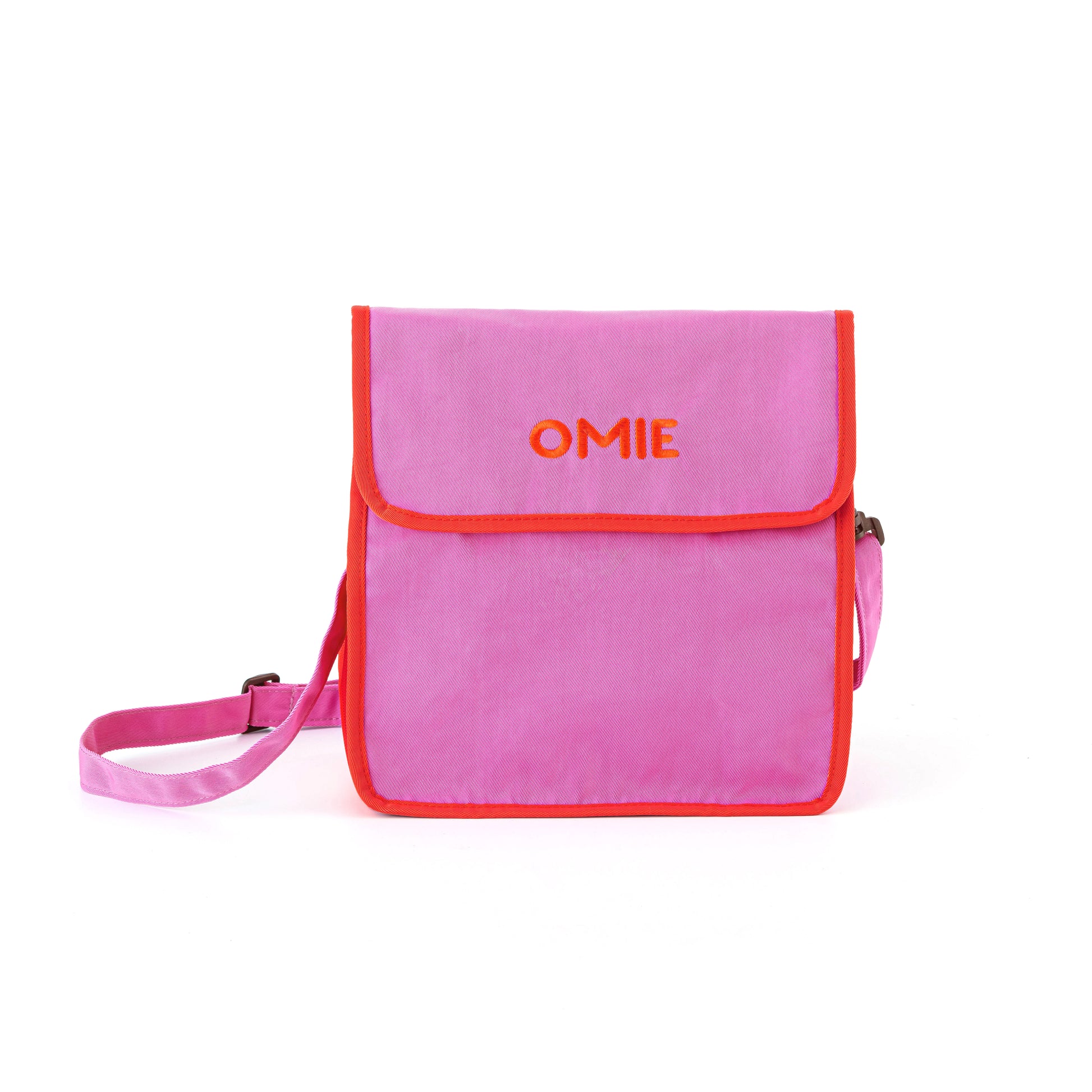 Pink bag with red trim and 'OMIE' branding on a white background