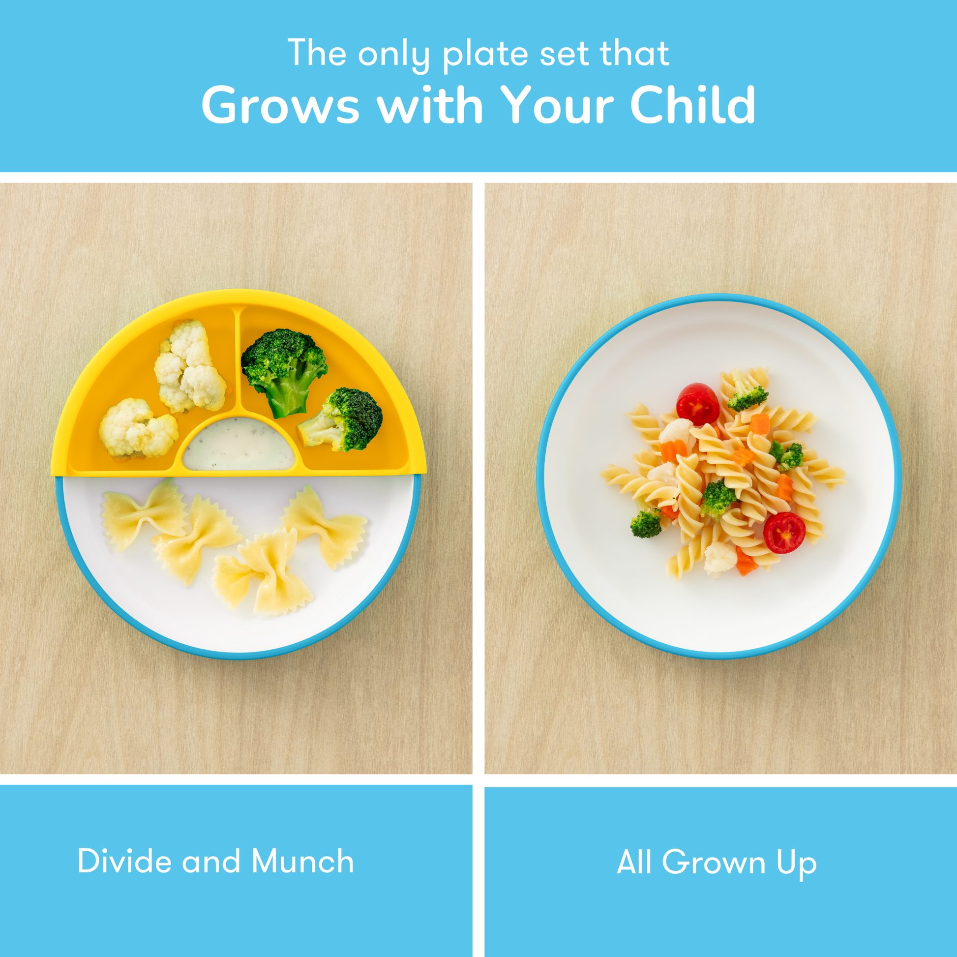 Two stages of a plate set for children, from divided sections to a full meal.
