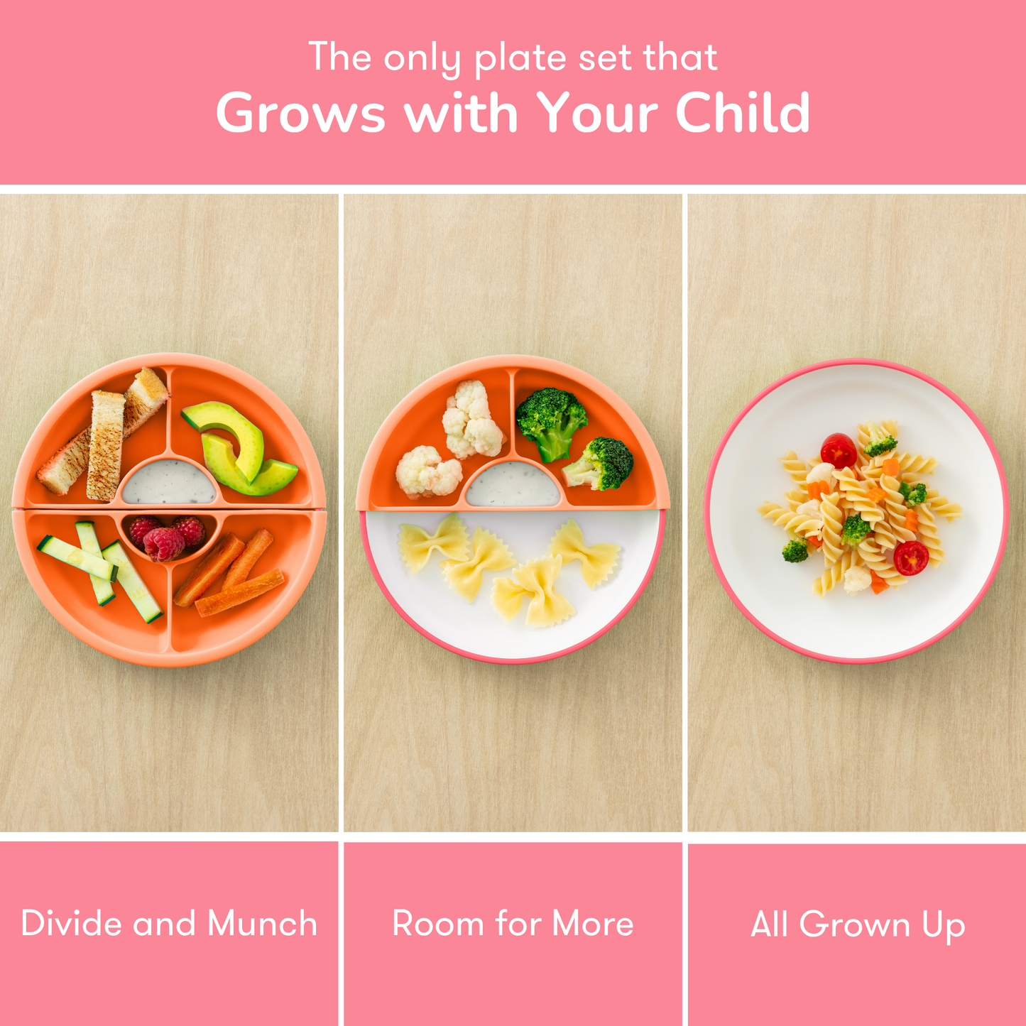 Set of children's plates with different stages of food on a wooden surface, labeled 'Divide and Munch', 'Room for More', and 'All Grown Up'.