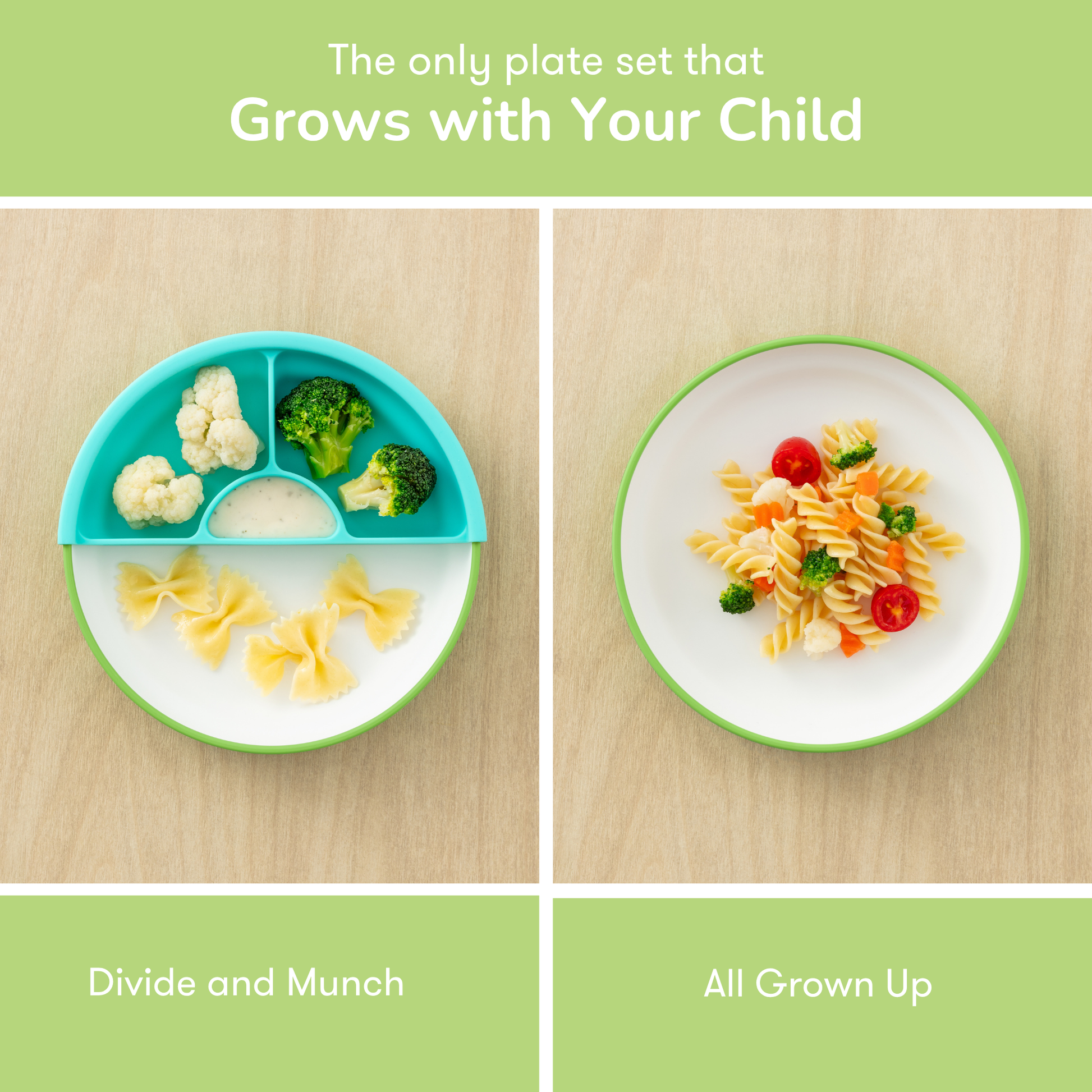 Children's plate set with divided sections and a larger plate with pasta and vegetables on a wooden surface.