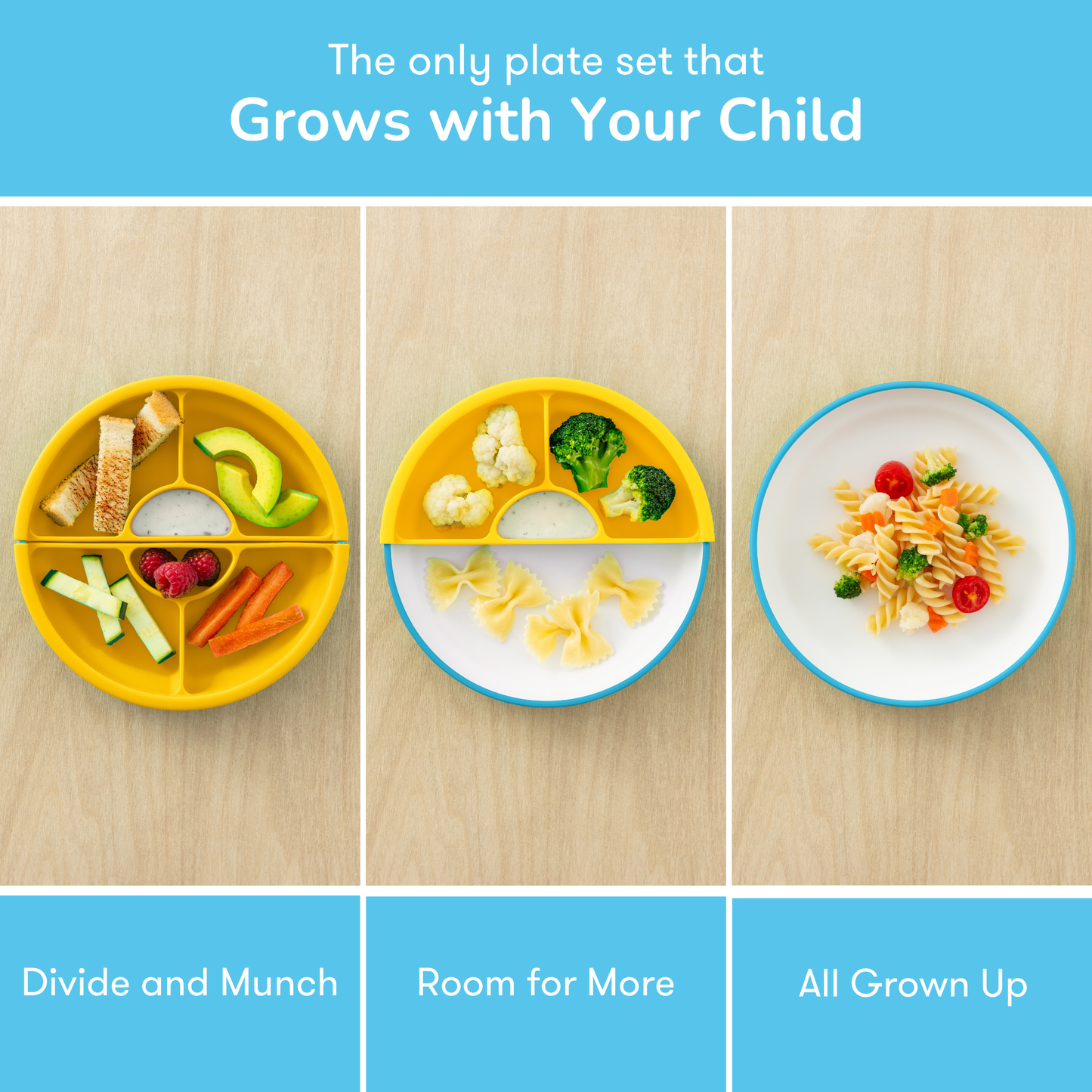 Three stages of a children's plate set with food on a wooden surface.