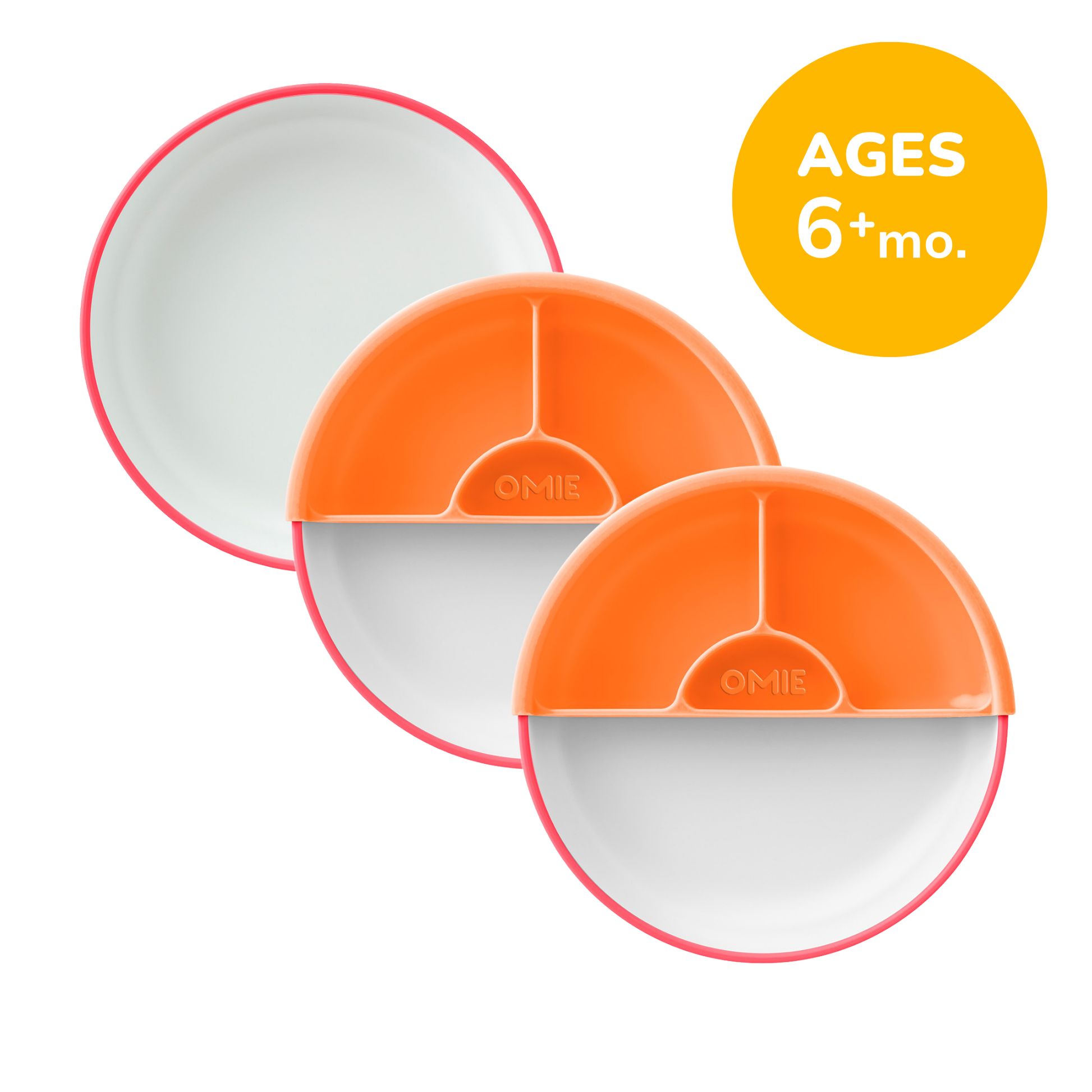 Two orange and white plates with a third plate on top, labeled 'AGES 6+ mo.'