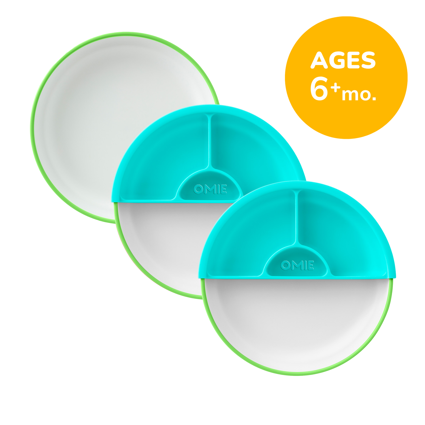 Two teal baby plates with green rims on a white background, featuring the brand 'OMIE'.